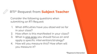 RTI* Request from Subject Teacher
Consider the following questions when
submitting an RTI Request:
1. What difficulties have you observed so far
in your class?
2. How often is this manifested in your class?
3. What is one area you should focus on and
apply a specific intervention/strategy?
4. How will you measure this? How often will
you measure it?
*Response to Intervention
 