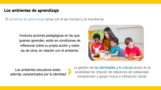 Los ambientes de aprendizaje
El ambiente de aprendizaje actúa con el ser humano y lo transforma:
Los ambientes educativos están,
además, caracterizados por la identidad
La gestión de las identidades y lo cultural propio es la
posibilidad de creación de relaciones de solidaridad,
comprensión y apoyo mutuo e interacción social.
Involucra acciones pedagógicas en las que,
quienes aprenden, están en condiciones de
reflexionar sobre su propia acción y sobre
las de otros, en relación con el ambiente.
 