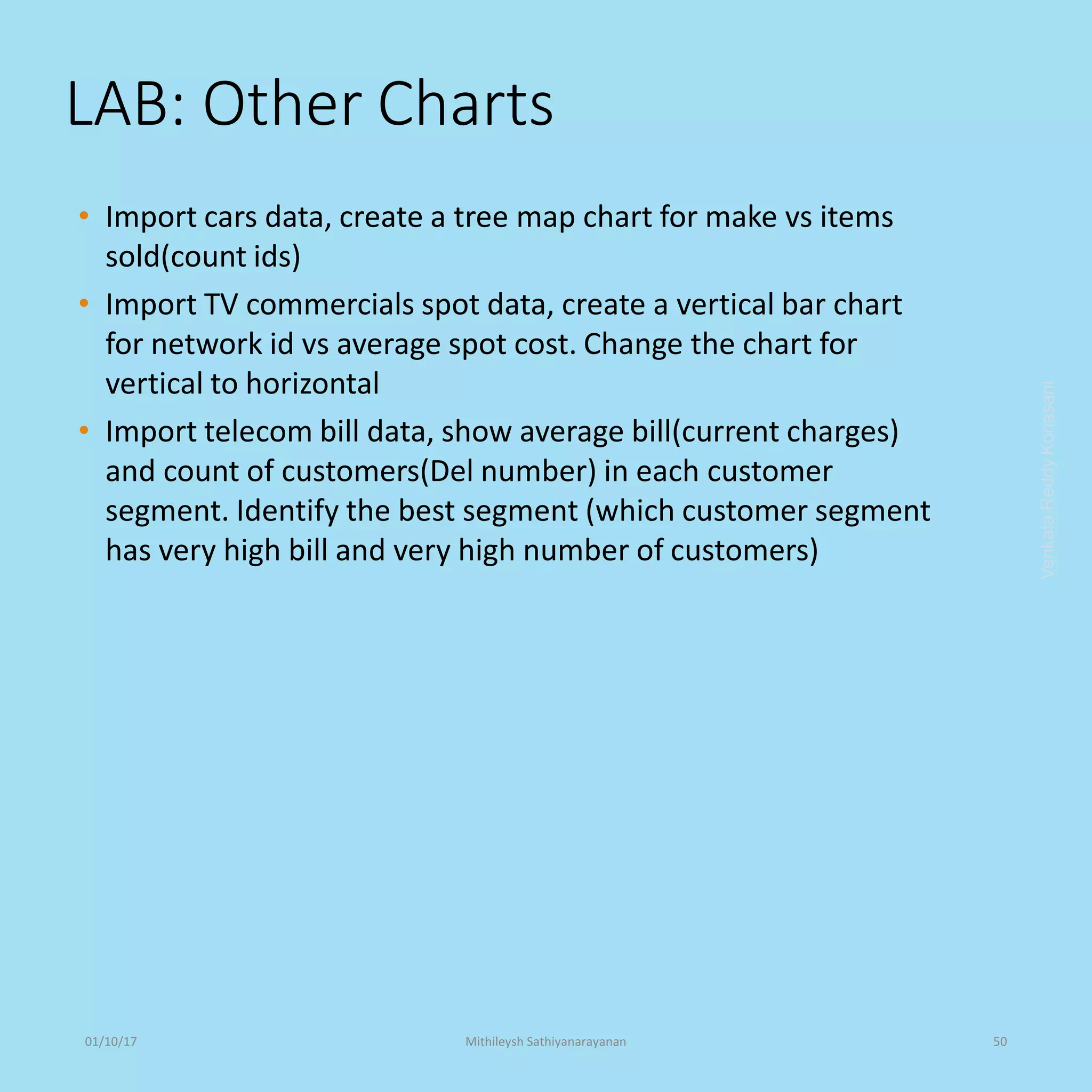 LAB: Other Charts
• Import cars data, create a tree map chart for make vs items
sold(count ids)
• Import TV commercials spot data, create a vertical bar chart
for network id vs average spot cost. Change the chart for
vertical to horizontal
• Import telecom bill data, show average bill(current charges)
and count of customers(Del number) in each customer
segment. Identify the best segment (which customer segment
has very high bill and very high number of customers)
VenkataReddyKonasani01/10/17 Mithileysh Sathiyanarayanan 50
 