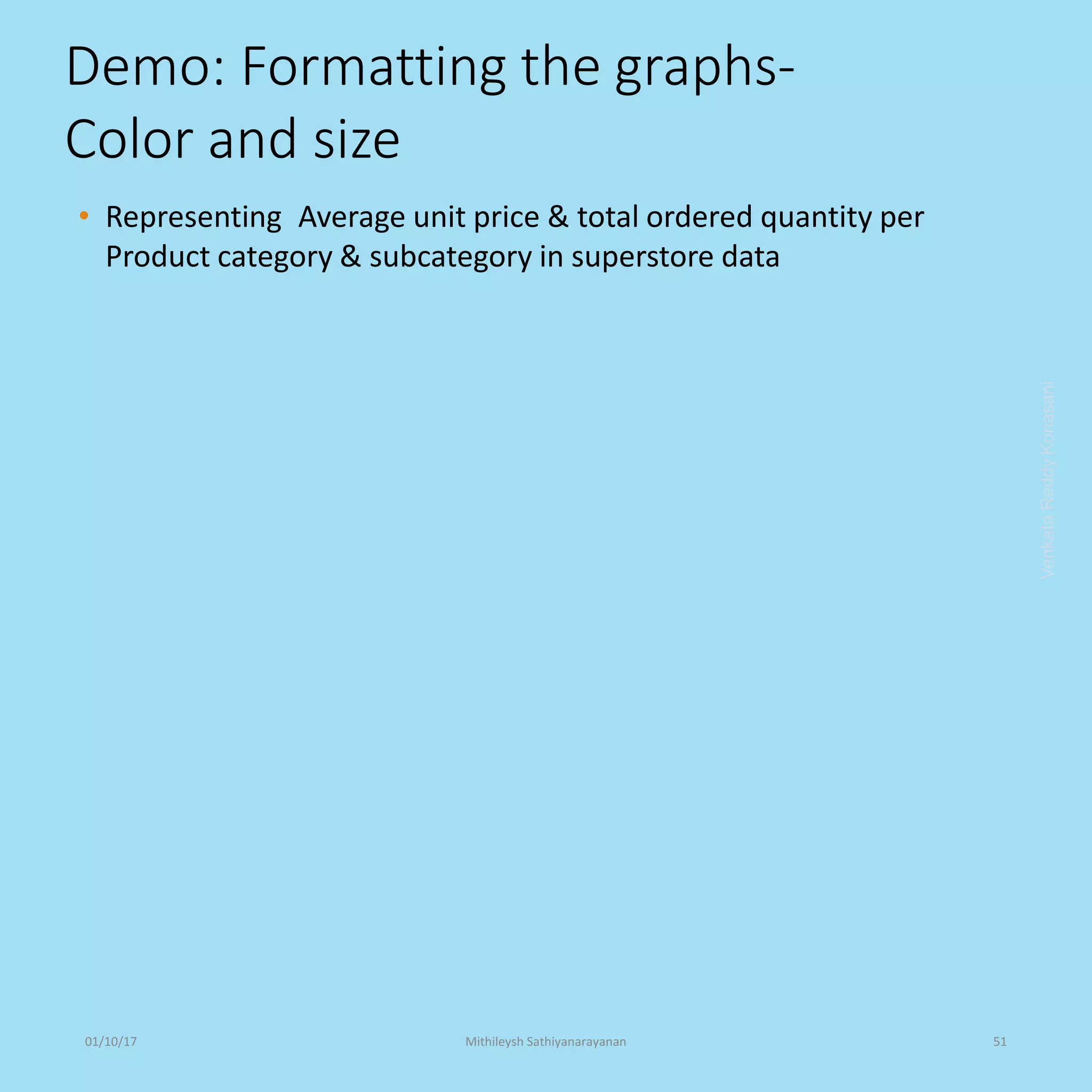 Demo: Formatting the graphs-
Color and size
• Representing Average unit price & total ordered quantity per
Product category & subcategory in superstore data
VenkataReddyKonasani01/10/17 Mithileysh Sathiyanarayanan 51
 