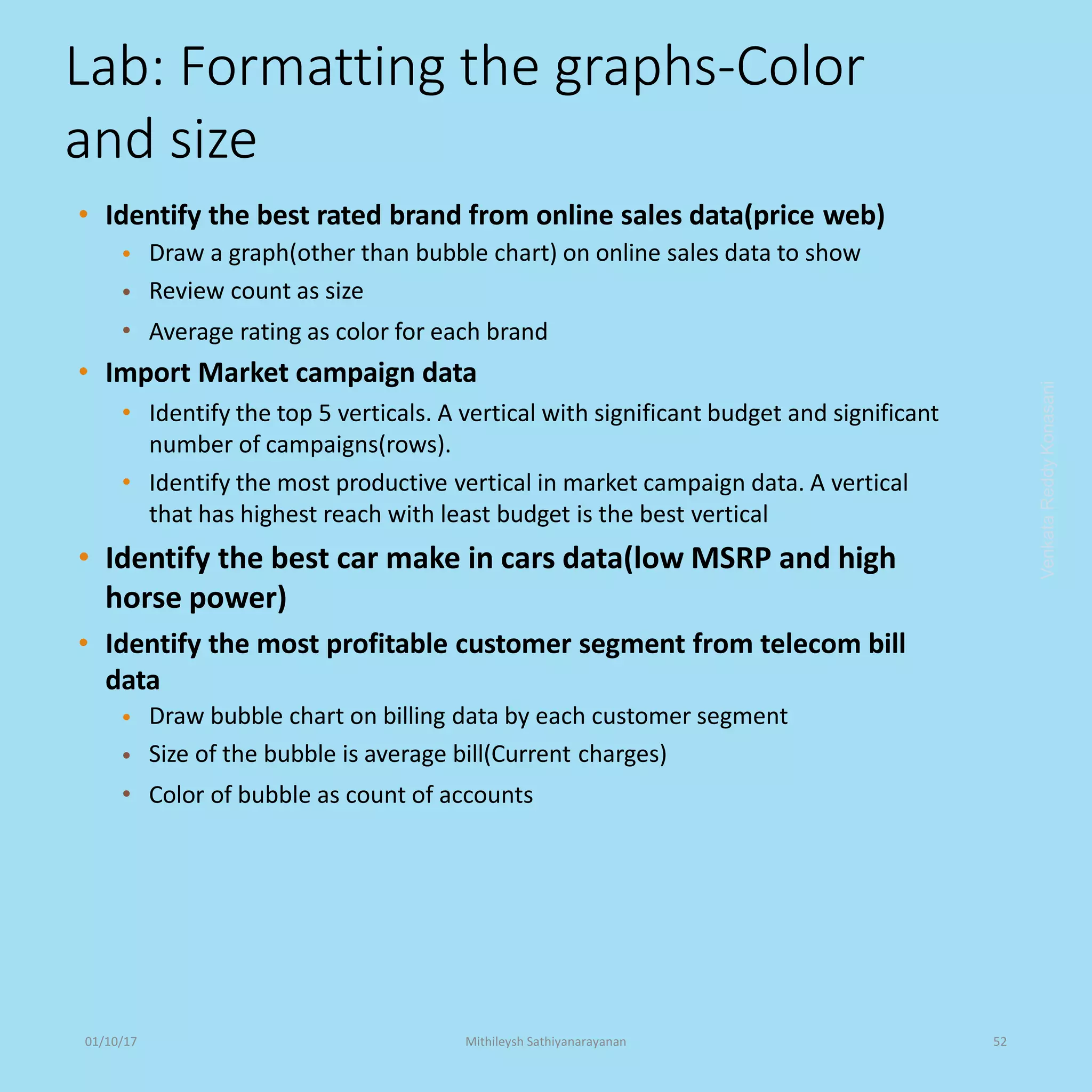 Lab: Formatting the graphs-Color
and size
• Identify the best rated brand from online sales data(price web)
•
•
•
Draw a graph(other than bubble chart) on online sales data to show
Review count as size
Average rating as color for each brand
• Import Market campaign data
• Identify the top 5 verticals. A vertical with significant budget and significant
number of campaigns(rows).
• Identify the most productive vertical in market campaign data. A vertical
that has highest reach with least budget is the best vertical
• Identify the best car make in cars data(low MSRP and high
horse power)
• Identify the most profitable customer segment from telecom bill
data
•
•
•
Draw bubble chart on billing data by each customer segment
Size of the bubble is average bill(Current charges)
Color of bubble as count of accounts
VenkataReddyKonasani01/10/17 Mithileysh Sathiyanarayanan 52
 