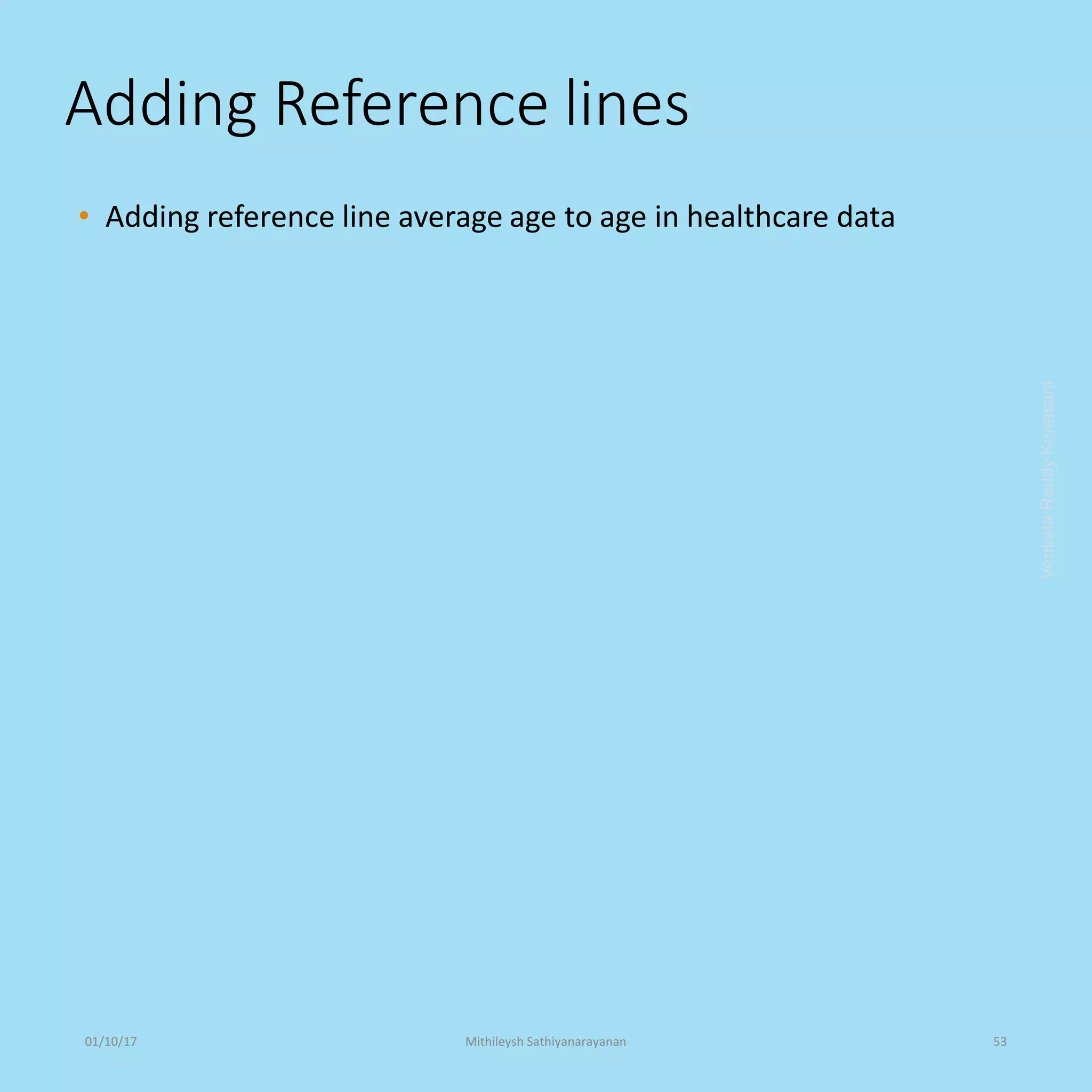 Adding Reference lines
• Adding reference line average age to age in healthcare data
VenkataReddyKonasani01/10/17 Mithileysh Sathiyanarayanan 53
 