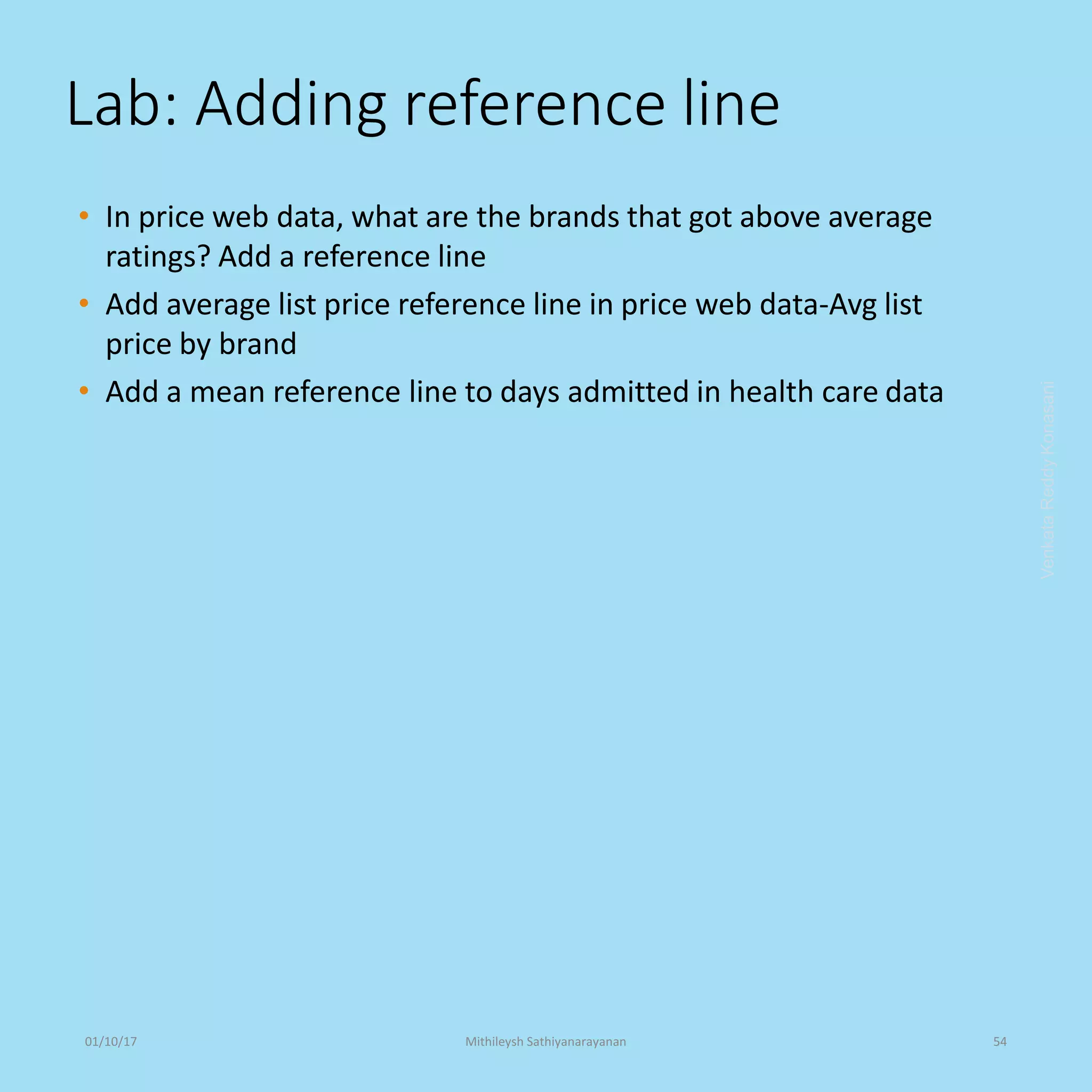 Lab: Adding reference line
• In price web data, what are the brands that got above average
ratings? Add a reference line
• Add average list price reference line in price web data-Avg list
price by brand
• Add a mean reference line to days admitted in health care data
VenkataReddyKonasani01/10/17 Mithileysh Sathiyanarayanan 54
 