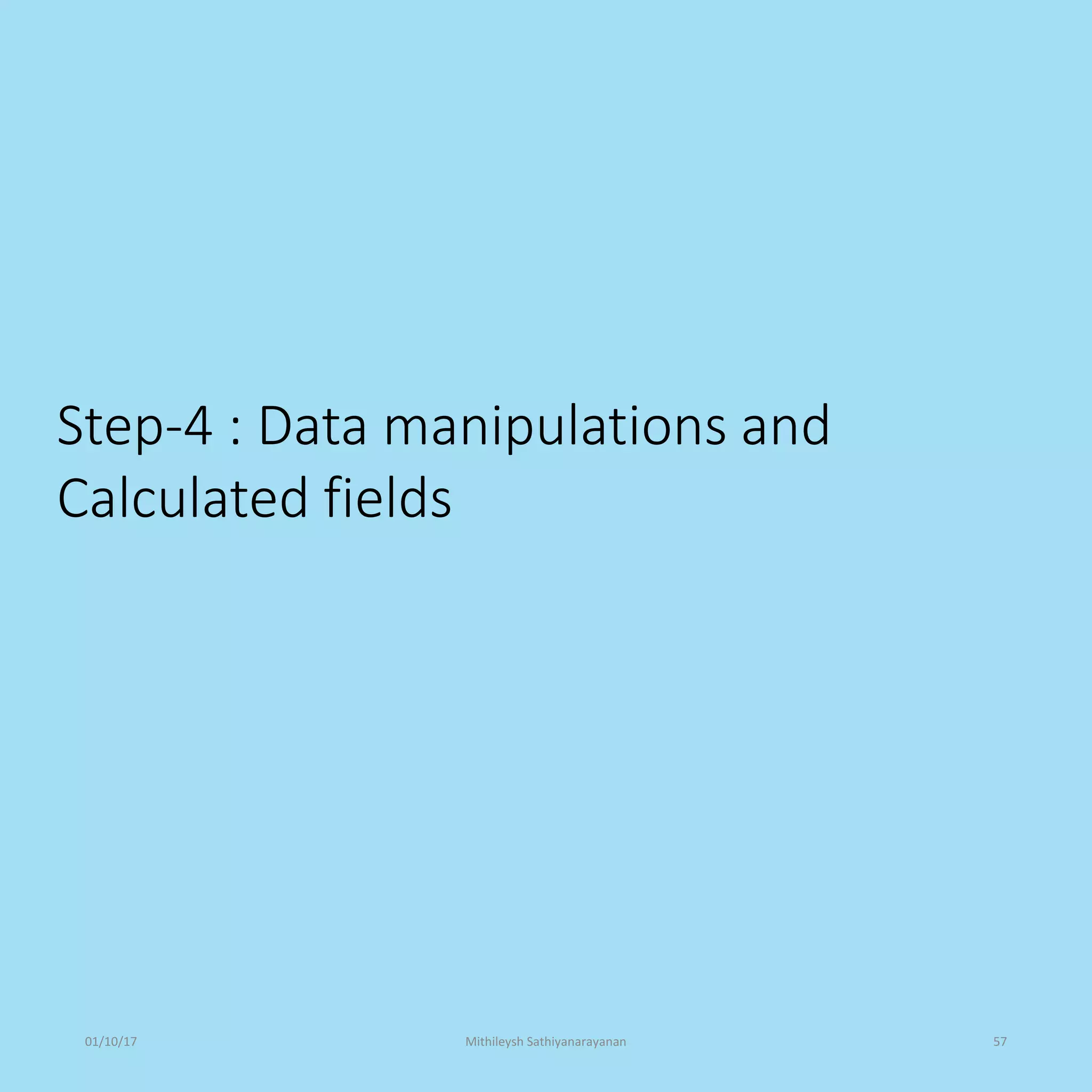 Step-4 : Data manipulations and
Calculated fields
01/10/17 Mithileysh Sathiyanarayanan 57
 