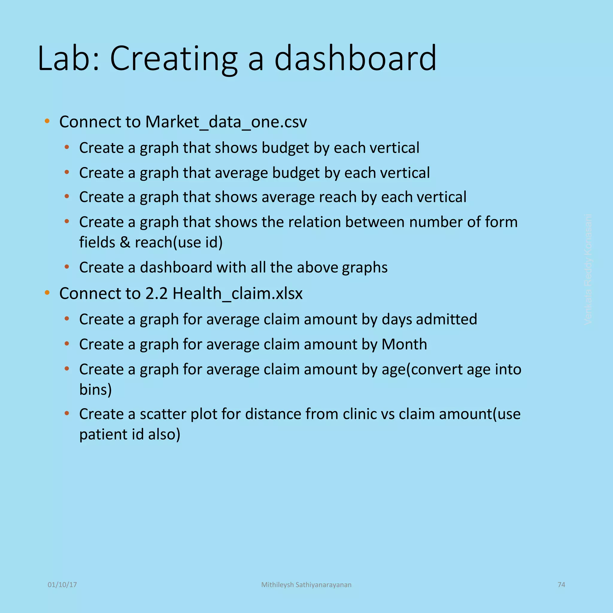 Lab: Creating a dashboard
• Connect to Market_data_one.csv
• Create a graph that shows budget by each vertical
• Create a graph that average budget by each vertical
• Create a graph that shows average reach by each vertical
• Create a graph that shows the relation between number of form
fields & reach(use id)
• Create a dashboard with all the above graphs
• Connect to 2.2 Health_claim.xlsx
• Create a graph for average claim amount by days admitted
• Create a graph for average claim amount by Month
• Create a graph for average claim amount by age(convert age into
bins)
• Create a scatter plot for distance from clinic vs claim amount(use
patient id also)
VenkataReddyKonasani01/10/17 Mithileysh Sathiyanarayanan 74
 