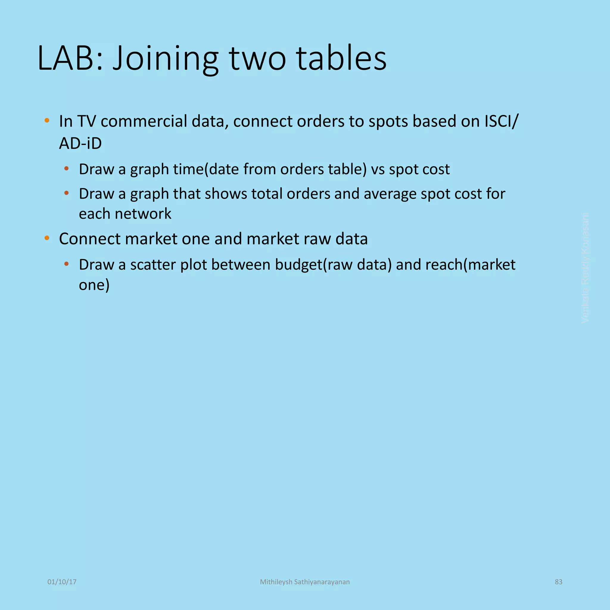 LAB: Joining two tables
• In TV commercial data, connect orders to spots based on ISCI/
AD-iD
• Draw a graph time(date from orders table) vs spot cost
• Draw a graph that shows total orders and average spot cost for
each network
• Connect market one and market raw data
• Draw a scatter plot between budget(raw data) and reach(market
one)
VenkataReddyKonasani01/10/17 Mithileysh Sathiyanarayanan 83
 