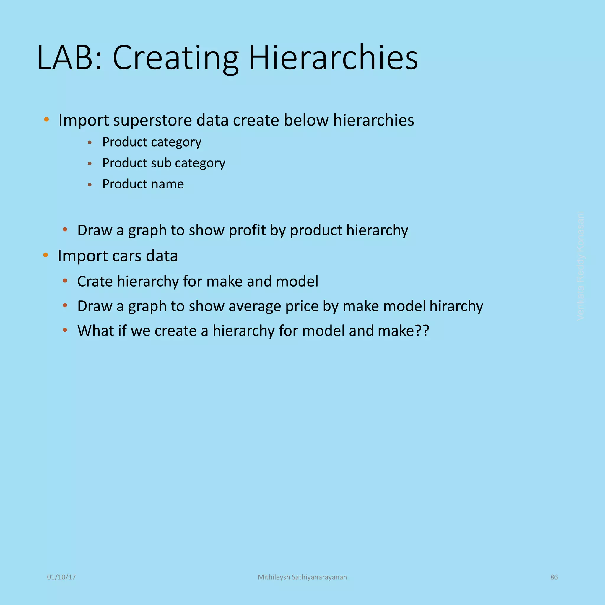 LAB: Creating Hierarchies
• Draw a graph to show profit by product hierarchy
• Import cars data
• Crate hierarchy for make and model
• Draw a graph to show average price by make model hirarchy
• What if we create a hierarchy for model and make??
• Import superstore data create below hierarchies
•
•
•
Product category
Product sub category
Product name
VenkataReddyKonasani01/10/17 Mithileysh Sathiyanarayanan 86
 