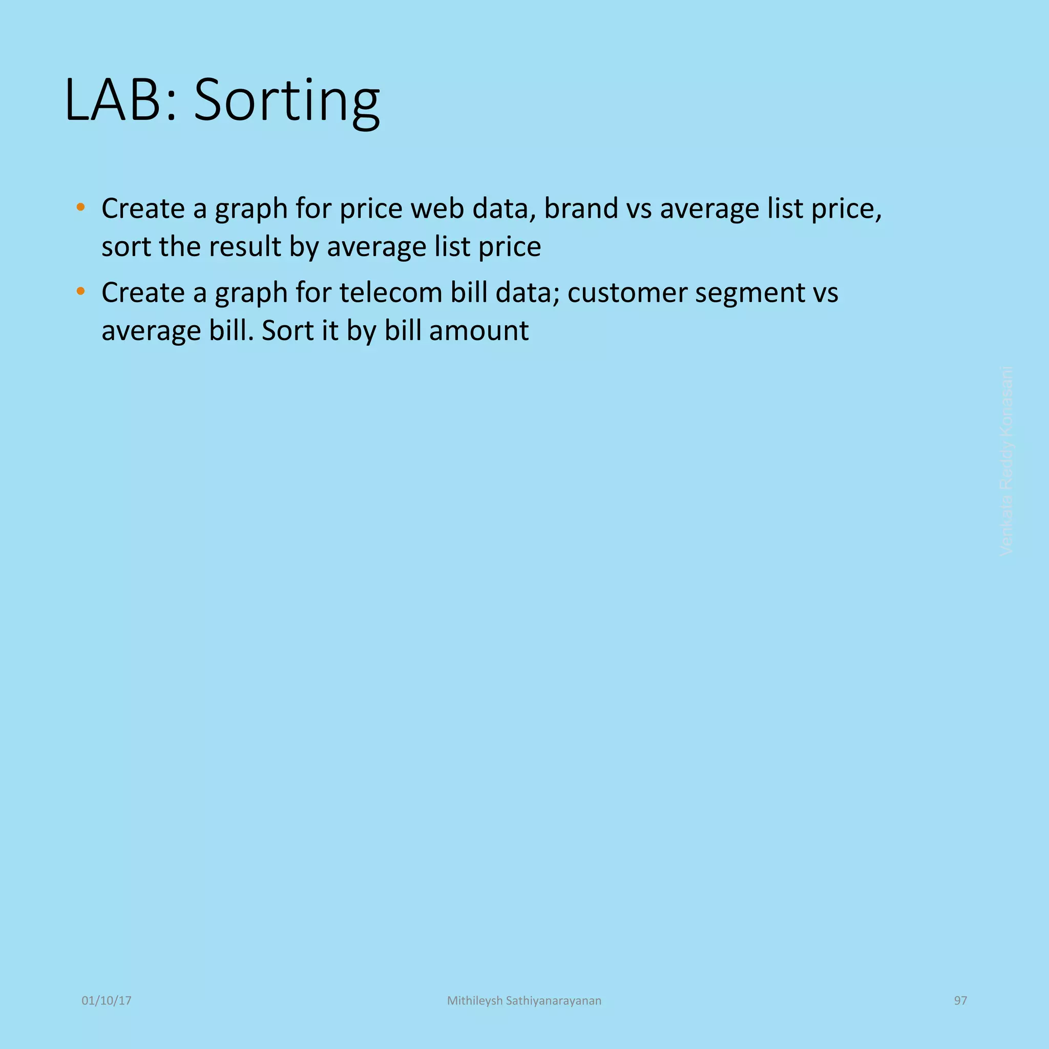 LAB: Sorting
• Create a graph for price web data, brand vs average list price,
sort the result by average list price
• Create a graph for telecom bill data; customer segment vs
average bill. Sort it by bill amount
VenkataReddyKonasani01/10/17 Mithileysh Sathiyanarayanan 97
 