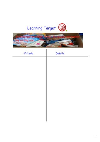 Learning Target

In kindergarten I need to sort 3D objects and explain
my sorting rule.




      Criteria                   Details




                                                        1
 