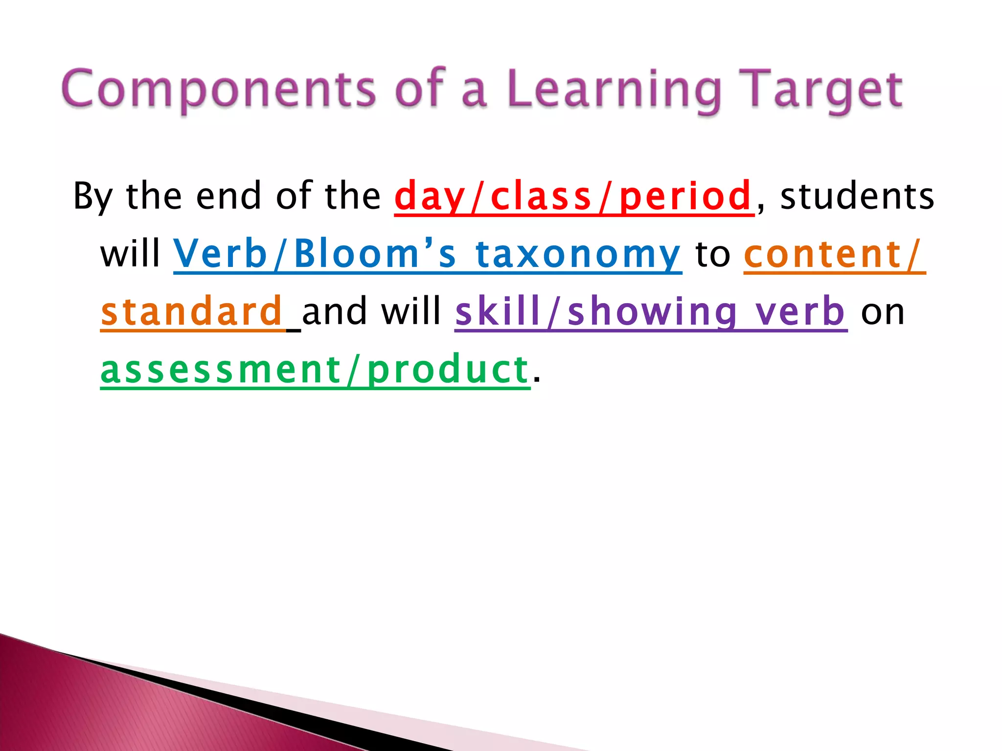 By the end of the  day/class/period , students will  Verb/Bloom’s taxonomy   to  content/standard   and will  skill/showing verb   on  assessment/product . 