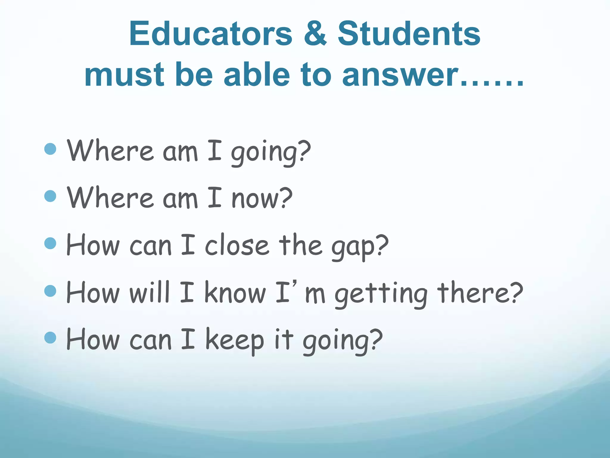 Educators & Students
must be able to answer……
 Where am I going?
 Where am I now?
 How can I close the gap?
 How will I know I’m getting there?
 How can I keep it going?
 