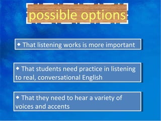 possible options ◆  That listening works is more important ◆  That students need practice in listening to real, conversational English ◆  That they need to hear a variety of voices and accents 