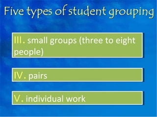 Ⅲ .  small groups (three to eight people) Ⅳ .  pairs Ⅴ .  individual work 