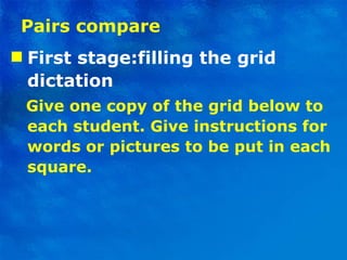 Pairs compare First stage:filling the grid dictation Give one copy of the grid below to each student. Give instructions for words or pictures to be put in each square.  