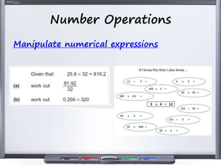 Number Operations
Manipulate numerical expressions
 