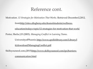 Reference cont.
Motivation. 12 Strategies for Motivation That Works. Retrieved December2,2012,
fromhttp://sites.allegheny.edu/deanofstudents/wellness-
education/todays-topic/12-strategies-for-motivation-that-work/
Porter, Shelia J.D (2003). Managing Conflict in Learning Teams.
UniversityofPhoenix.http://www.apollolibrary.com/Library/l
tt/download/ManagingConflict.pdf
Skillsyouneed.com,(2015)http://www.skillsyouneed.com/ips/barriers-
communication.html
 