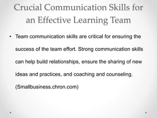Crucial Communication Skills for
an Effective Learning Team
• Team communication skills are critical for ensuring the
success of the team effort. Strong communication skills
can help build relationships, ensure the sharing of new
ideas and practices, and coaching and counseling.
(Smallbusiness.chron.com)
 