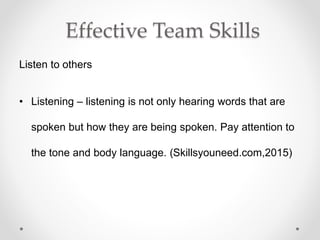 Effective Team Skills
Listen to others
• Listening – listening is not only hearing words that are
spoken but how they are being spoken. Pay attention to
the tone and body language. (Skillsyouneed.com,2015)
 