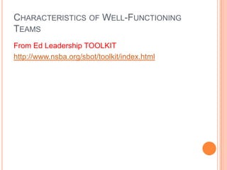 Characteristics of Well-Functioning TeamsFrom Ed Leadership TOOLKIThttp://www.nsba.org/sbot/toolkit/index.html