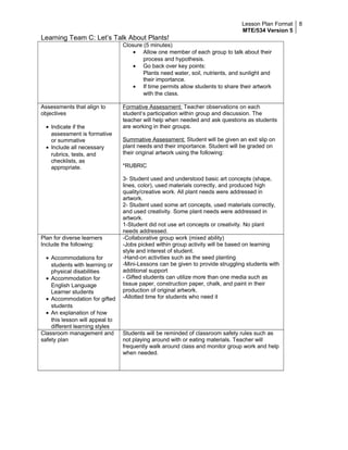 Lesson Plan Format
MTE/534 Version 5
8
Learning Team C: Let’s Talk About Plants!
Closure (5 minutes)
• Allow one member of each group to talk about their
process and hypothesis.
• Go back over key points:
Plants need water, soil, nutrients, and sunlight and
their importance.
• If time permits allow students to share their artwork
with the class.
Assessments that align to
objectives
• Indicate if the
assessment is formative
or summative
• Include all necessary
rubrics, tests, and
checklists, as
appropriate.
Formative Assessment: Teacher observations on each
student’s participation within group and discussion. The
teacher will help when needed and ask questions as students
are working in their groups.
Summative Assessment: Student will be given an exit slip on
plant needs and their importance. Student will be graded on
their original artwork using the following:
*RUBRIC
3- Student used and understood basic art concepts (shape,
lines, color), used materials correctly, and produced high
quality/creative work. All plant needs were addressed in
artwork.
2- Student used some art concepts, used materials correctly,
and used creativity. Some plant needs were addressed in
artwork.
1-Student did not use art concepts or creativity. No plant
needs addressed.
Plan for diverse learners
Include the following:
• Accommodations for
students with learning or
physical disabilities
• Accommodation for
English Language
Learner students
• Accommodation for gifted
students
• An explanation of how
this lesson will appeal to
different learning styles
-Collaborative group work (mixed ability)
-Jobs picked within group activity will be based on learning
style and interest of student.
-Hand-on activities such as the seed planting
-Mini-Lessons can be given to provide struggling students with
additional support
- Gifted students can utilize more than one media such as
tissue paper, construction paper, chalk, and paint in their
production of original artwork.
-Allotted time for students who need it
Classroom management and
safety plan
Students will be reminded of classroom safety rules such as
not playing around with or eating materials. Teacher will
frequently walk around class and monitor group work and help
when needed.
 