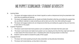 mepuppeticebreaker:studentdiversity
a. Learning Styles:
i. This lesson will engage students who are Verbal Linguistic as well as Interpersonal during the presentation both
when they are speaking and listening.
ii. This lesson will engage students who are Spatial and Bodily Kinesthetic while they are building the puppets they
can use different materials to create something as well as stand up by their chair while building the puppet.
iii. This lesson will engage students who are Intrapersonal while they are building the puppet as they can have time
to work alone on the puppet.
b. Cognitive Progression
i. This lesson could include lower level questions such as recalling the information that their peers said.
ii. This lesson could include some higher level question such as analyzing who they think they might work best with
in class based off of what everyone said, or classifying their peers into groups based on similar food.
iii. Students could be asked to evaluate the quality of their puppet.
c. Language Domain
i. This lesson will include speaking during the class presentation as they talk about themselves.
ii. This lesson will include listening as they listen to their peers.
 