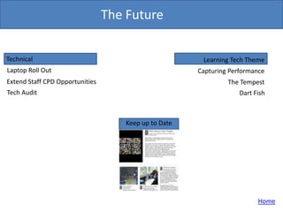 The Future

Technical                                              Learning Tech Theme
Laptop Roll Out                                       Capturing Performance
Extend Staff CPD Opportunities                                 The Tempest
Tech Audit                                                         Dart Fish



                                    Keep up to Date




                                                                         Home
 