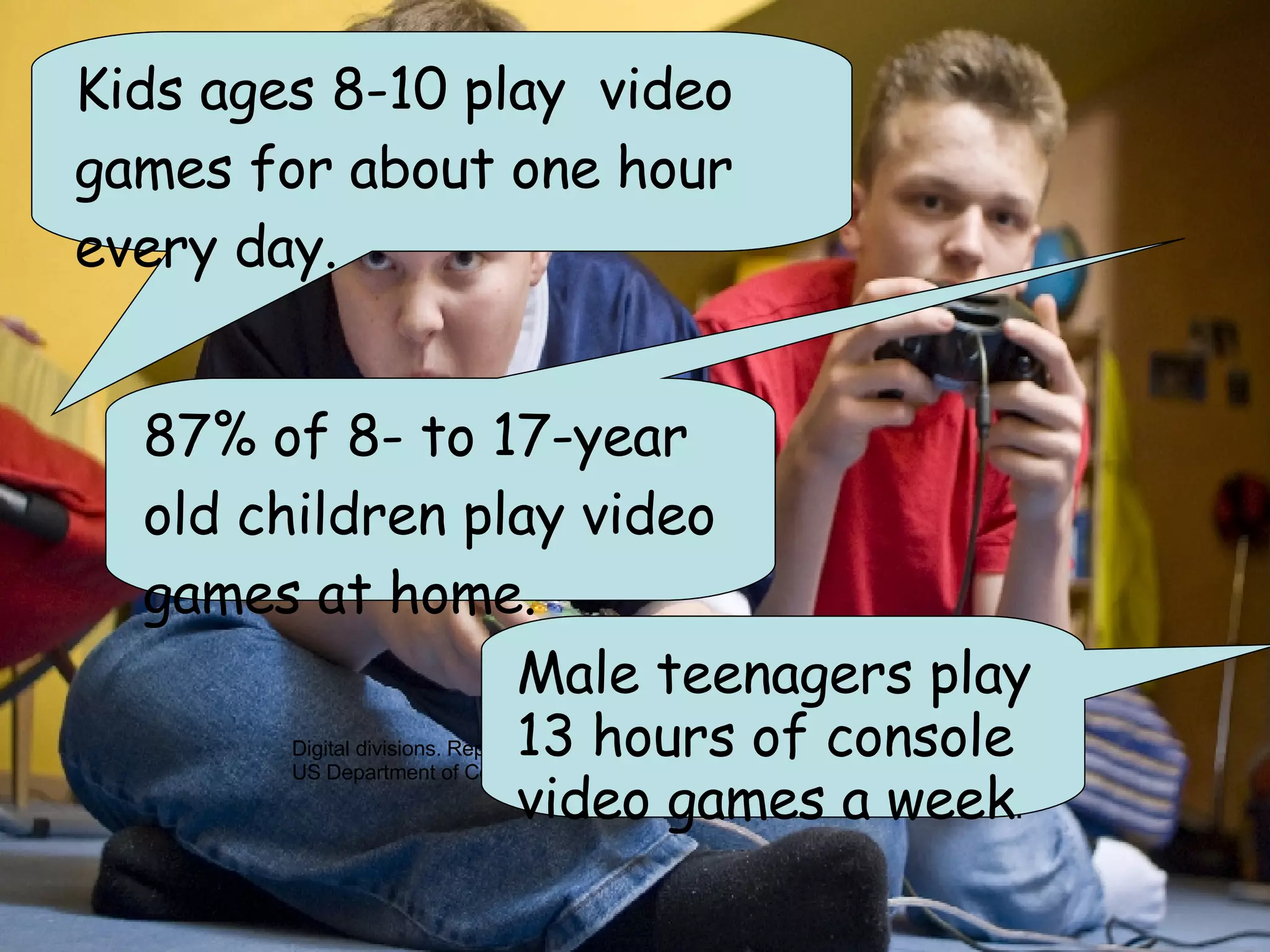 Kids ages 8-10 play  video games for about one hour every day. Digital divisions. Report by the  Pew /Internet: Pew Internet & American Life .  US Department of Commerce 87% of 8- to 17-year old children play video games at home.  Male teenagers play 13 hours of console video games a week .  