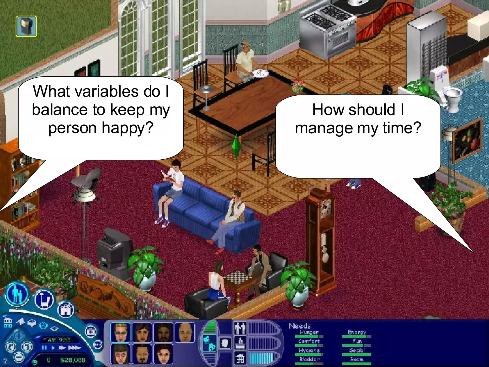 What variables do I balance to keep my person happy? How should I manage my time? 