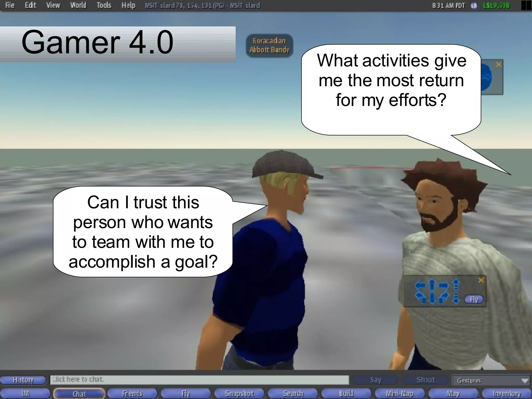 Gamer 4.0  What activities give me the most return for my efforts? Can I trust this person who wants to team with me to accomplish a goal? 
