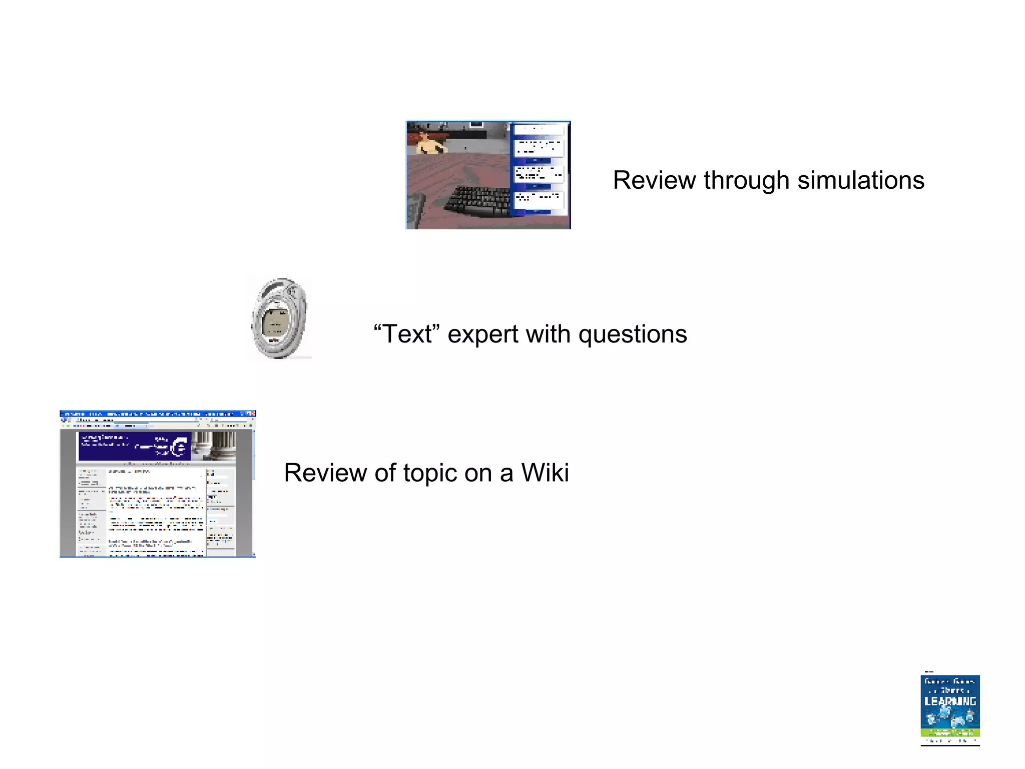 Review of topic on a Wiki “Text” expert with questions  Review through simulations  