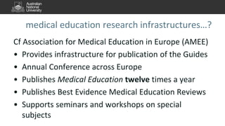 medical education research infrastructures…?
Cf Association for Medical Education in Europe (AMEE)
• Provides infrastructure for publication of the Guides
• Annual Conference across Europe
• Publishes Medical Education twelve times a year
• Publishes Best Evidence Medical Education Reviews
• Supports seminars and workshops on special
subjects
 