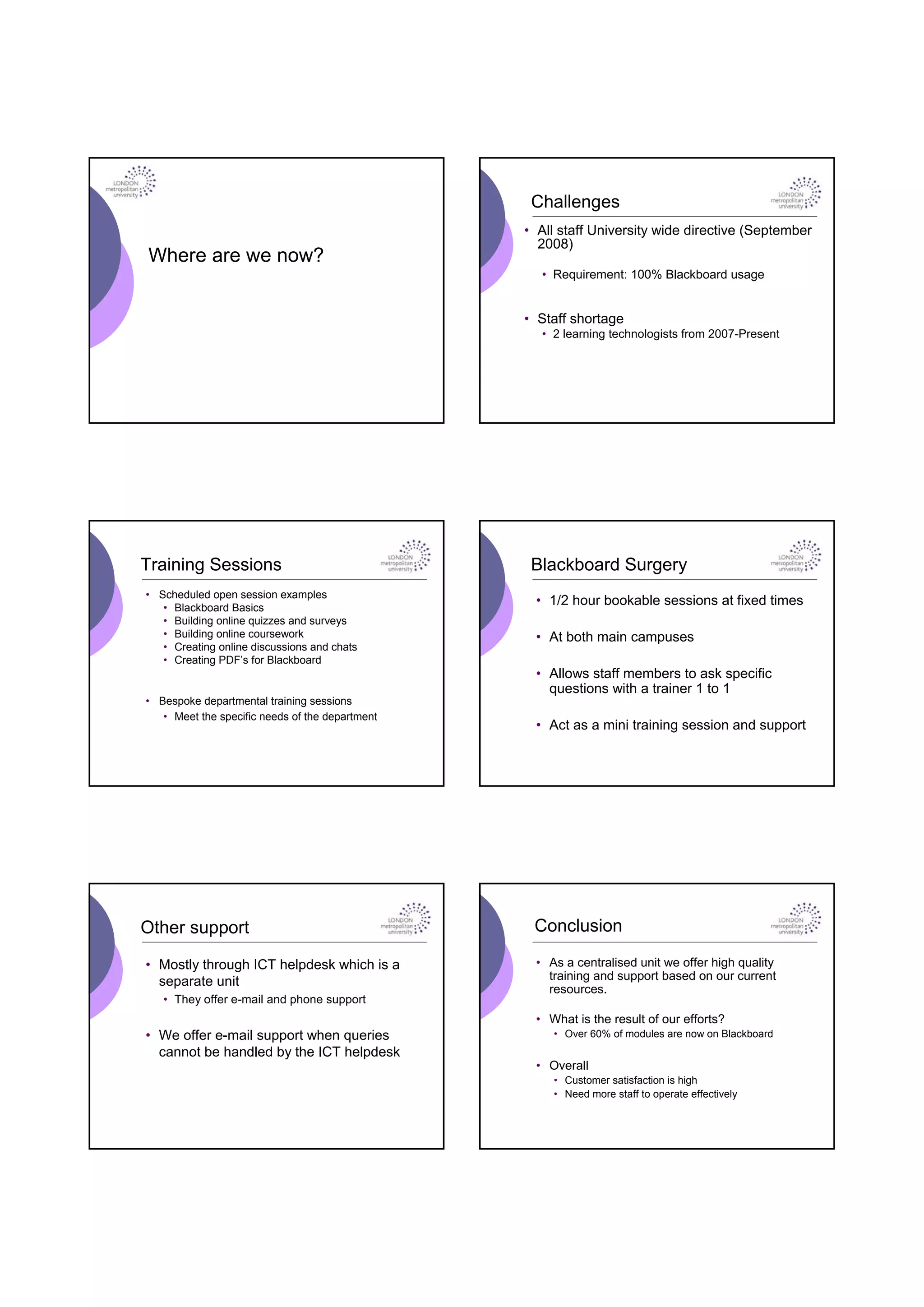 Challenges
                                                 • All staff University wide directive (September
                                                   2008)
Where are we now?
                                                   • Requirement: 100% Blackboard usage


                                                 • Staff shortage
                                                   • 2 learning technologists from 2007-Present




Training Sessions                                 Blackboard Surgery
• Scheduled open session examples
   • Blackboard Basics
                                                  • 1/2 hour bookable sessions at fixed times
   • Building online quizzes and surveys
   • Building online coursework                   • At both main campuses
   • Creating online discussions and chats
   • Creating PDF’s for Blackboard
                                                  • Allows staff members to ask specific
                                                    questions with a trainer 1 to 1
• Bespoke departmental training sessions
   • Meet the specific needs of the department
                                                  • Act as a mini training session and support




Other support                                     Conclusion

• Mostly through ICT helpdesk which is a          • As a centralised unit we offer high quality
  separate unit                                     training and support based on our current
                                                    resources.
   • They offer e-mail and phone support
                                                  • What is the result of our efforts?
• We offer e-mail support when queries               • Over 60% of modules are now on Blackboard
  cannot be handled by the ICT helpdesk
                                                  • Overall
                                                     • Customer satisfaction is high
                                                     • Need more staff to operate effectively
 