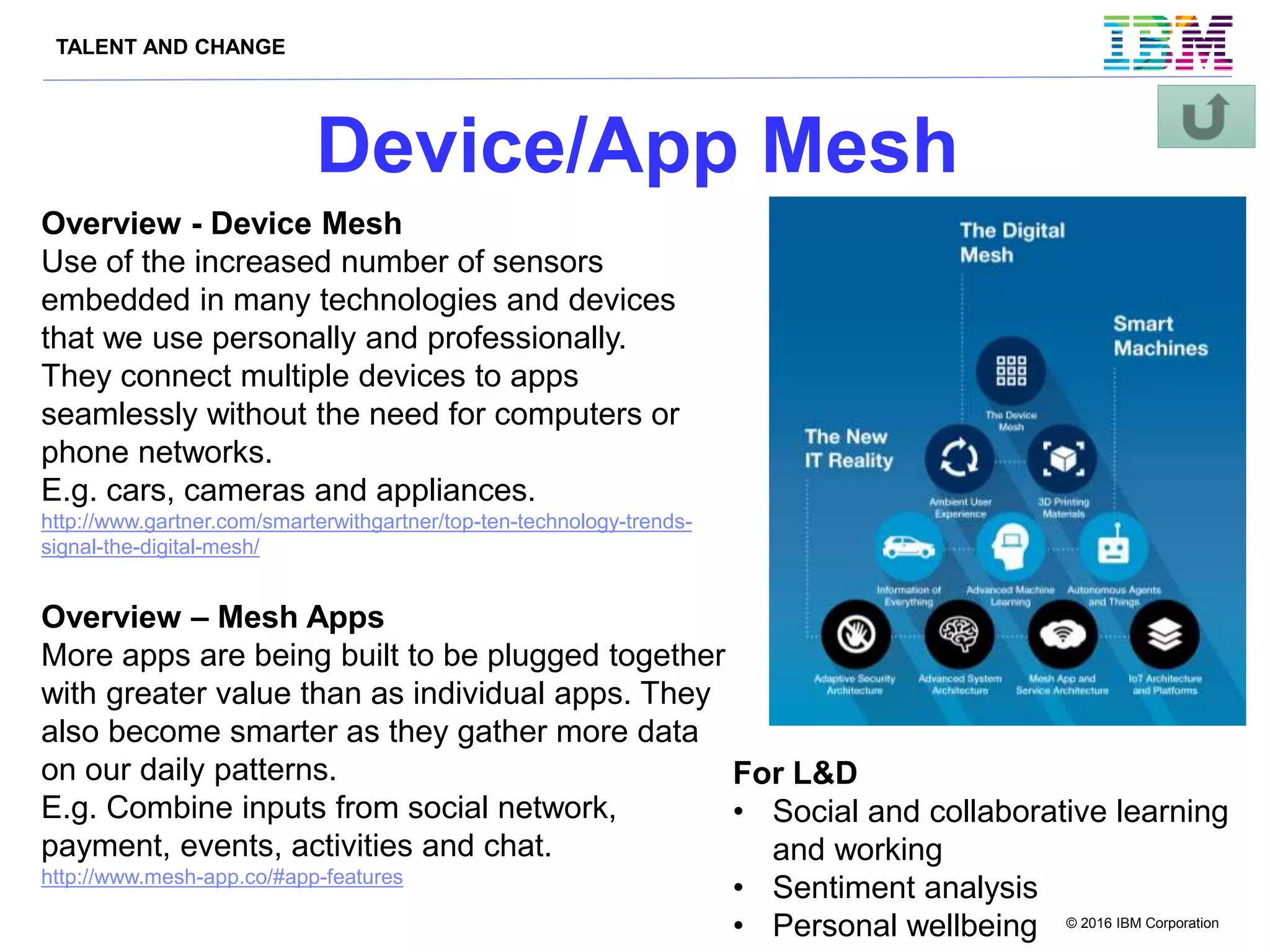 TALENT AND CHANGE
© 2016 IBM Corporation
Device/App Mesh
Overview - Device Mesh
Use of the increased number of sensors
embedded in many technologies and devices
that we use personally and professionally.
They connect multiple devices to apps
seamlessly without the need for computers or
phone networks.
E.g. cars, cameras and appliances.
http://www.gartner.com/smarterwithgartner/top-ten-technology-trends-
signal-the-digital-mesh/
Overview – Mesh Apps
More apps are being built to be plugged together
with greater value than as individual apps. They
also become smarter as they gather more data
on our daily patterns.
E.g. Combine inputs from social network,
payment, events, activities and chat.
http://www.mesh-app.co/#app-features
For L&D
• Social and collaborative learning
and working
• Sentiment analysis
• Personal wellbeing
 