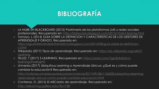 BIBLIOGRAFÍA
○ LA NUBE EN BLACKBOARD (2013) Postrimería de las plataformas LMS y redes sociales
profesionales. Recuperado en: http://bblanube.blogspot.com/2013/10/el-f-learnig.html
○ Tamayo, L (2014) GUIA SOBRE LA DEFINICION Y CARACTERISTICAS DE LOS GESTORES DE
APRENDIZAJE 9 GRADO. Recuperado en:
http://agustinfernandezinformatica.blogspot.com/2014/08/guia-sobre-la-definicion-
y.html
○ Wikipedia (2017) Tipos de aprendizaje. Recuperado en: https://es.wikipedia.org/wiki/T-
Learning
○ TELLEZ, T (2017) S-LEARNING. Recuperado en: https://prezi.com/7gzs3afats2n/s-
learning/?webgl=0
○ Universia (2017) Ubiquitous Learning o Aprendizaje Ubicuo: ¿Qué es y cómo puede
cambiar la educación? Recuperado en:
http://noticias.universia.es/educacion/noticia/2017/09/28/1156000/ubiquitous-learning-
aprendizaje-ubicuo-como-puede-cambiar-educacion.html
○ Contreras, D. (2015) El ABCdario de aprendizaje. Recuperado en:
http://elearning.galileo.edu/?p=738
 