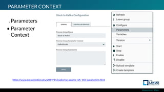 #ossummit #lfelc
PARAMETER CONTEXT
• Parameters
• Parameter
Context
https://www.datainmotion.dev/2019/11/exploring-apache-niﬁ-110-parameters.html
 