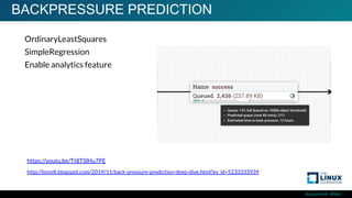 #ossummit #lfelc
BACKPRESSURE PREDICTION
OrdinaryLeastSquares
SimpleRegression
Enable analytics feature
http://lonniﬁ.blogspot.com/2019/11/back-pressure-prediction-deep-dive.html?es_id=5233333939
https://youtu.be/Tt8TSlHu7PE
 
