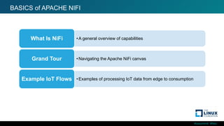 #ossummit #lfelc
BASICS of APACHE NIFI
•A general overview of capabilitiesWhat Is NiFi
•Navigating the Apache NiFi canvasGrand Tour
•Examples of processing IoT data from edge to consumptionExample IoT Flows
 