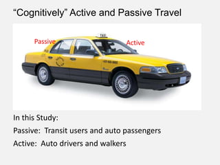 In this Study:
Passive: Transit users and auto passengers
Active: Auto drivers and walkers
“Cognitively” Active and Passive Travel
ActivePassive
 