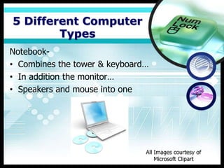 5 Different Computer
        Types
Notebook-
• Combines the tower & keyboard…
• In addition the monitor…
• Speakers and mouse into one




                               All Images courtesy of
                                   Microsoft Clipart
 