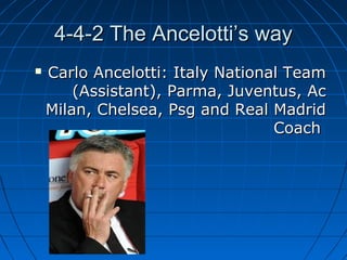 4-4-2 The Ancelotti’s way4-4-2 The Ancelotti’s way
 Carlo Ancelotti: Italy National TeamCarlo Ancelotti: Italy National Team
(Assistant), Parma, Juventus, Ac(Assistant), Parma, Juventus, Ac
Milan, Chelsea, Psg and Real MadridMilan, Chelsea, Psg and Real Madrid
CoachCoach
 