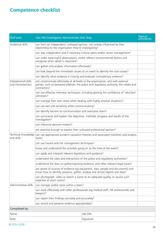 Competence checklist




Skill area              Can the investigator demonstrate that they:                                               Yes/no/
                                                                                                                  comments

Analytical skills       can form an independent, unbiased opinion, not unduly influenced by their
                        relationship to the organisation they’re investigating?
                        can stay independent and if necessary criticise peers and/or senior management?
                        can make meaningful observations, notice relevant environmental factors and
                        recognise when detail is important?
                        can gather and analyse information effectively?
                        can look beyond the immediate causes of an event to identify the root causes?
                        can identify what evidence is missing and evaluate contradictory evidence?
Interpersonal skills    can communicate effectively at all levels of the organisation, and with external
and characteristics     parties, such as bereaved relatives, the police and regulatory authority, the media and
                        contractors?
                        can use effective interview techniques, including gaining the confidence of ‘reluctant’
                        witnesses?
                        can manage their own stress when dealing with highly emotive situations?
                        can use tact and sensitivity when communicating?
                        can identify barriers to communication and overcome them?
                        can summarise and explain the objectives, methods, progress and results of the
                        investigation?
                        can influence decision-makers?
                        are assertive enough to express their unbiased professional opinion?
Technical knowledge can use appropriate accident causation theories and associated checklists and analysis
and skills          tools?
                        can use hazard and risk management techniques?
                        know and understand the activities going on at the time of the event?
                        can apply and interpret relevant legislation and guidance?
                        understand the roles and interactions of the police and regulatory authorities?
                        understand the laws on gathering/using evidence, and other relevant legal issues?
                        are aware of sources of evidence (eg equipment, sites, people and documents) and
                        know how to identify, preserve, gather, analyse and record objects and data?
                        can photograph, video or sketch a scene to an adequate quality, or source such
                        expertise at short notice?
Administrative skills   can manage and/or work within a team?
                        can work effectively with other professionals (eg medical staff, HR professionals and
                        lawyers)?
                        can report their findings concisely and accurately?
                        can record and preserve evidence appropriately?
Completed by:
Name:                                                           Job title:
Date:                                                           Signature:

© IOSH 2008
                                                                                                                             19
 