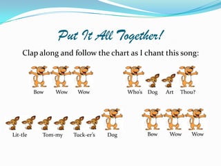 Put It All Together!
    Clap along and follow the chart as I chant this song:



          Bow   Wow    Wow              Who’s Dog   Art   Thou?




Lit-tle     Tom-my    Tuck-er’s   Dog        Bow     Wow     Wow
 
