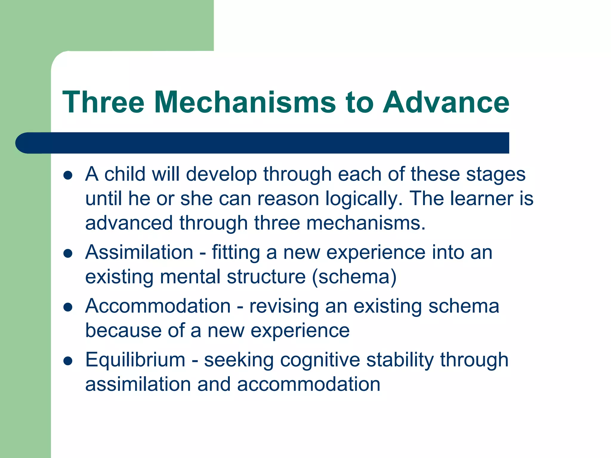 Three Mechanisms to Advance

   A child will develop through each of these stages
    until he or she can reason logically. The learner is
    advanced through three mechanisms.
   Assimilation - fitting a new experience into an
    existing mental structure (schema)
   Accommodation - revising an existing schema
    because of a new experience
   Equilibrium - seeking cognitive stability through
    assimilation and accommodation
 
