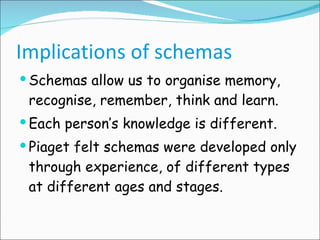 Implications of schemas Schemas allow us to organise memory, recognise, remember, think and learn. Each person’s knowledge is different. Piaget felt schemas were developed only through experience, of different types at different ages and stages. 