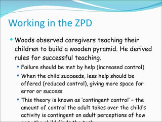 Working in the ZPD Woods observed caregivers teaching their children to build a wooden pyramid. He derived rules for successful teaching. Failure should be met by help (increased control) When the child succeeds, less help should be offered (reduced control), giving more space for error or success  This theory is known as ‘contingent control’ – the amount of control the adult takes over the child’s activity is contingent on adult perceptions of how easy the child finds the task.  