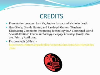CREDITS
 Presentation creators: Lam Vu, Anders Lanza, and Nicholas Leath.
 Gary Shelly, Glenda Gunter, and Randolph Gunter. “Teachers
  Discovering Computers Integrating Technology In A Connected World
  Seventh Edition”. Course Technology, Cengage Learning. (2012): 266-
  272. Print. 7 April. 2012.
 Picture credit (slide 4) -
  http://www.thirteen.org/edonline/concept2class/constructivism/index
  .html
 
