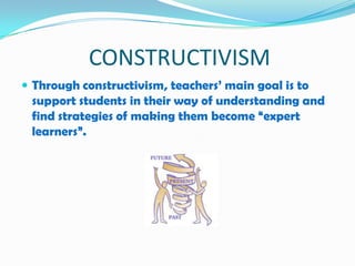 CONSTRUCTIVISM
 Through constructivism, teachers’ main goal is to
 support students in their way of understanding and
 find strategies of making them become “expert
 learners”.
 