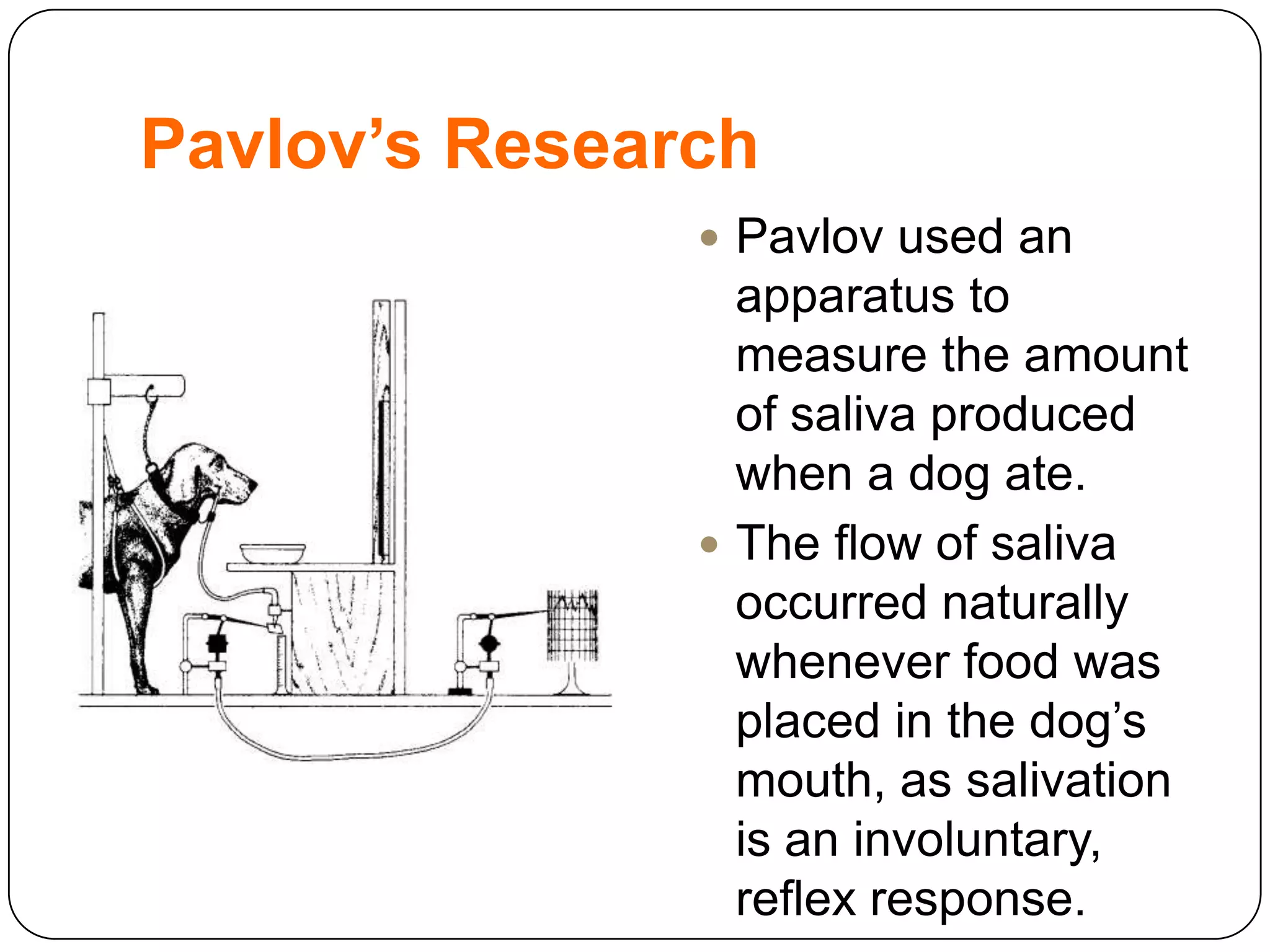 Pavlov’s Research
 Pavlov used an

apparatus to
measure the amount
of saliva produced
when a dog ate.
 The flow of saliva
occurred naturally
whenever food was
placed in the dog‟s
mouth, as salivation
is an involuntary,
reflex response.

 