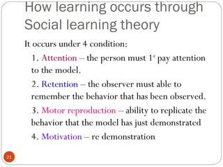 2211 
How learning occurs through 
Social learning theory 
It occurs under 4 condition: 
1. Attention – the person must 1st pay attention 
to the model. 
2. Retention – the observer must able to 
remember the behavior that has been observed. 
3. Motor reproduction – ability to replicate the 
behavior that the model has just demonstrated 
4. Motivation – re demonstration 
 