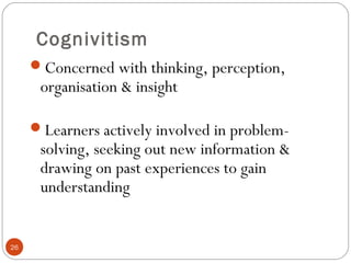 2266 
Cognivitism 
Concerned with thinking, perception, 
organisation & insight 
Learners actively involved in problem-solving, 
seeking out new information & 
drawing on past experiences to gain 
understanding 
 